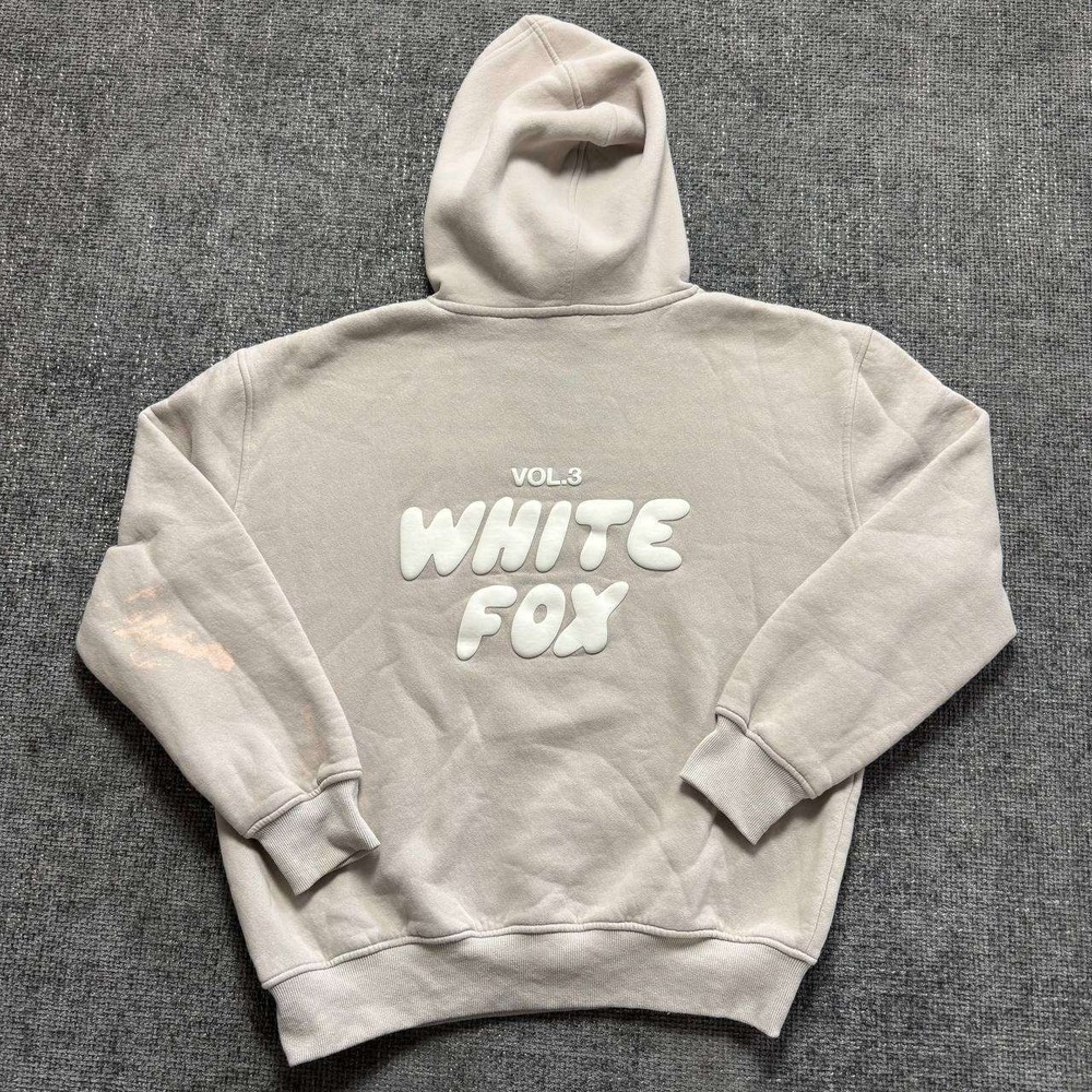 White Fox Boutique Hoodie Unisex M Oatmeal Vol. 3 Puff Print Oversized
